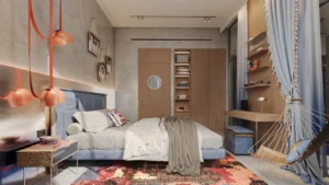 RAW District 2 by Imtiaz contemporary bedroom interior with premium furnishings and modern workspace in Dubai - Presented by Tohid Fetrat