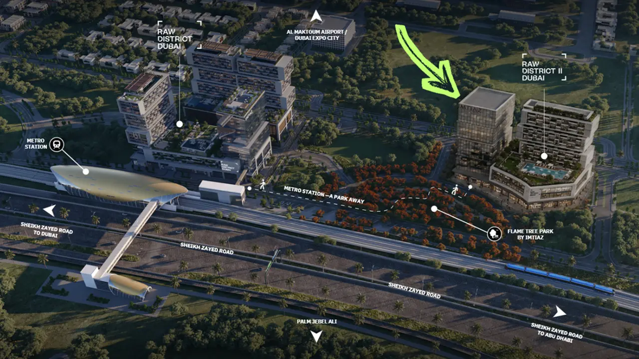 RAW District 2 by Imtiaz location within Downtown Jebel Ali highlighting metro access, Sheikh Zayed Road and nearby landmarks in Dubai - Presented by Tohid Fetrat