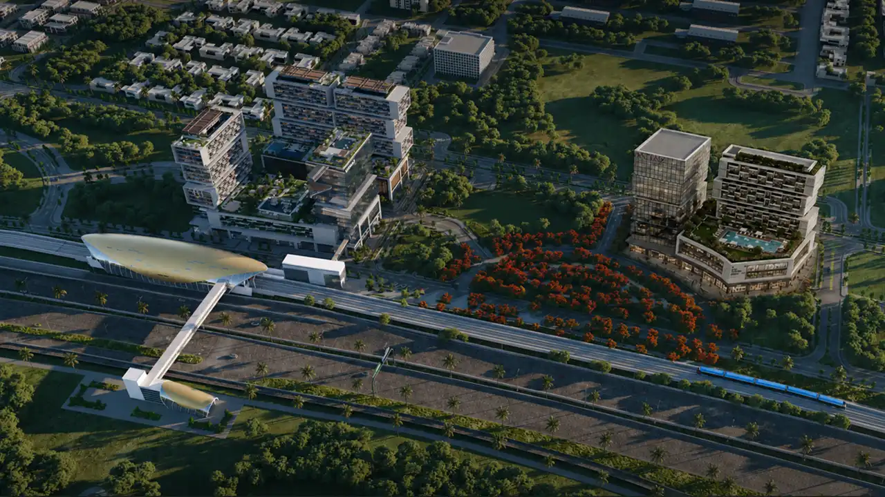 RAW District 2 by Imtiaz aerial masterplan view featuring mixed use buildings, landscaped surroundings and metro connectivity in Dubai - Presented by Tohid Fetrat