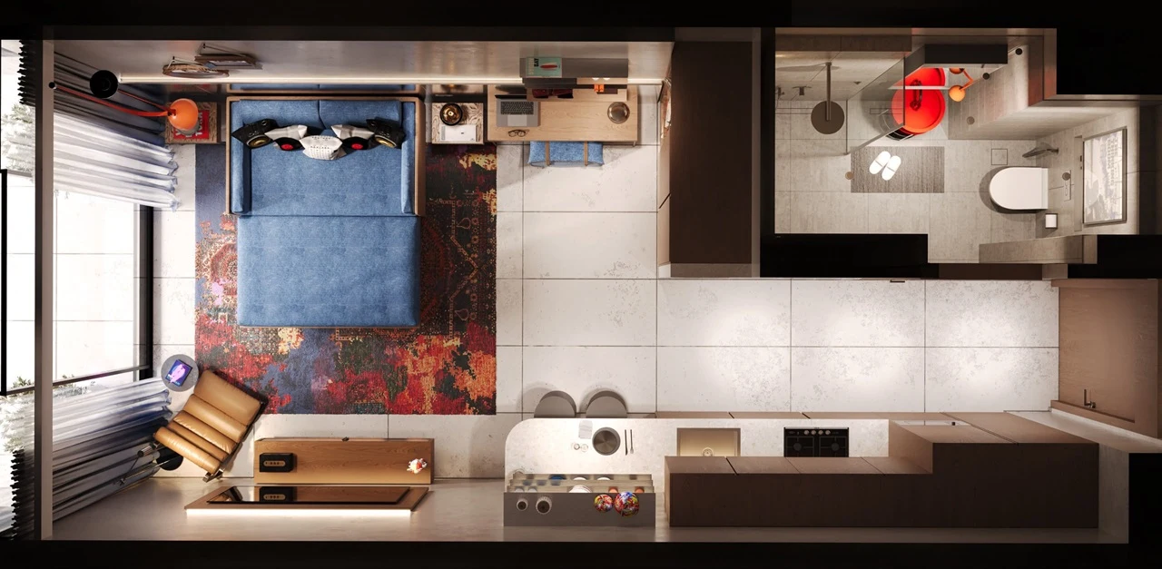 RAW District 2 by Imtiaz furnished studio apartment floor plan showing the interior layout in Dubai - Presented by Tohid Fetrat