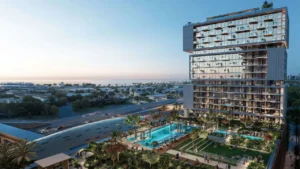 RAW District by Imtiaz in Downtown Jebel Ali aerial amenities view with landscaped gardens, swimming pools, luxury residences, and outdoor leisure spaces in Dubai - Presented by Tohid Fetrat