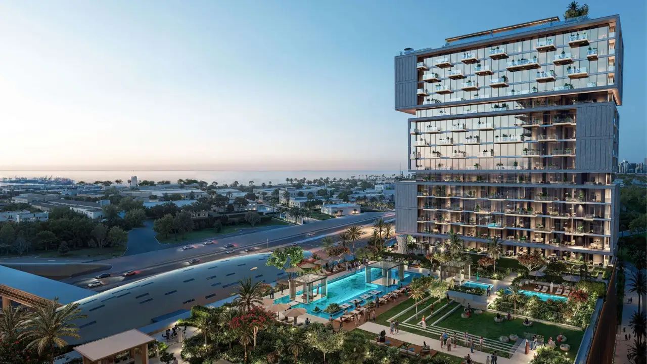 RAW District by Imtiaz in Downtown Jebel Ali aerial amenities view with landscaped gardens, swimming pools, luxury residences, and outdoor leisure spaces in Dubai - Presented by Tohid Fetrat