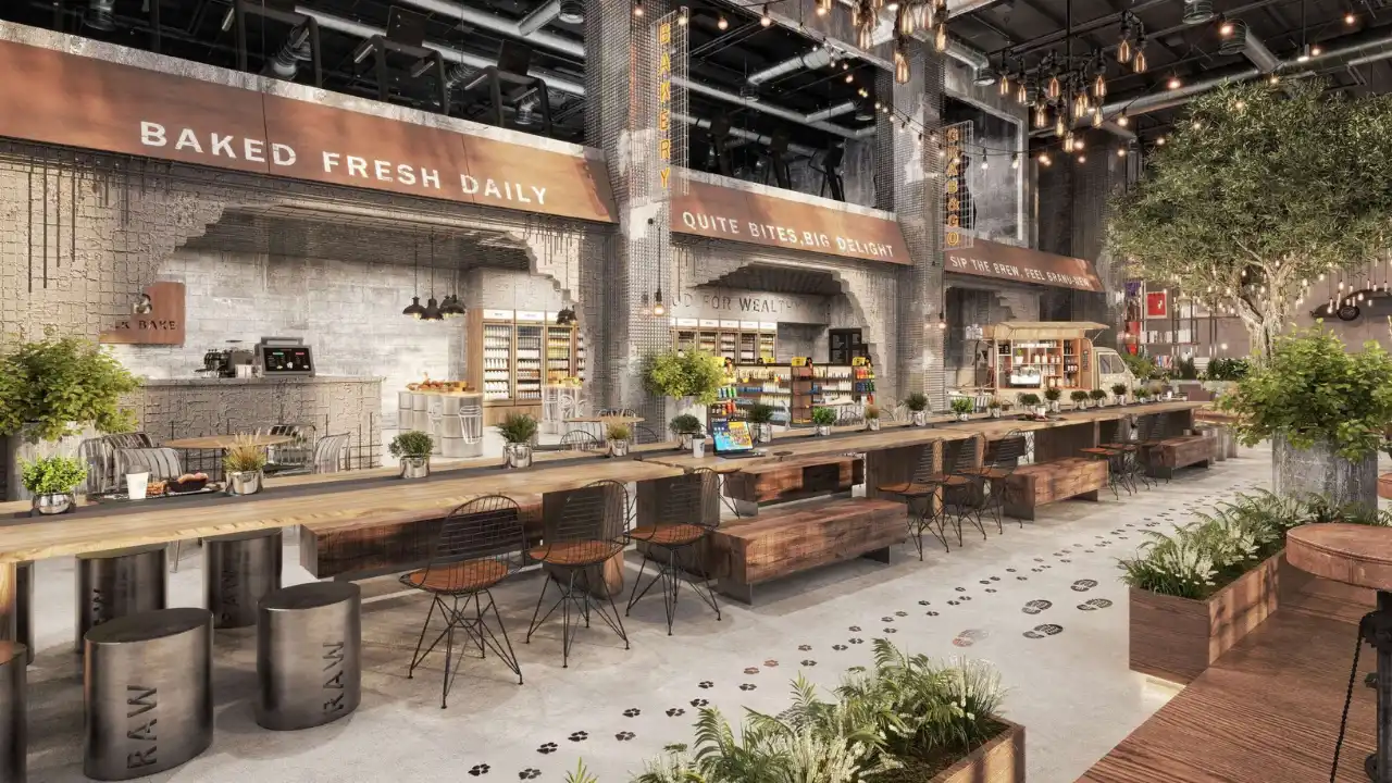 RAW District by Imtiaz in Downtown Jebel Ali artisan market and food hall with bakery, café spaces, communal seating, and contemporary interior design in Dubai - Presented by Tohid Fetrat
