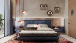 RAW District by Imtiaz in Downtown Jebel Ali contemporary bedroom with designer furnishings, warm lighting, and modern interior design in Dubai - Presented by Tohid Fetrat