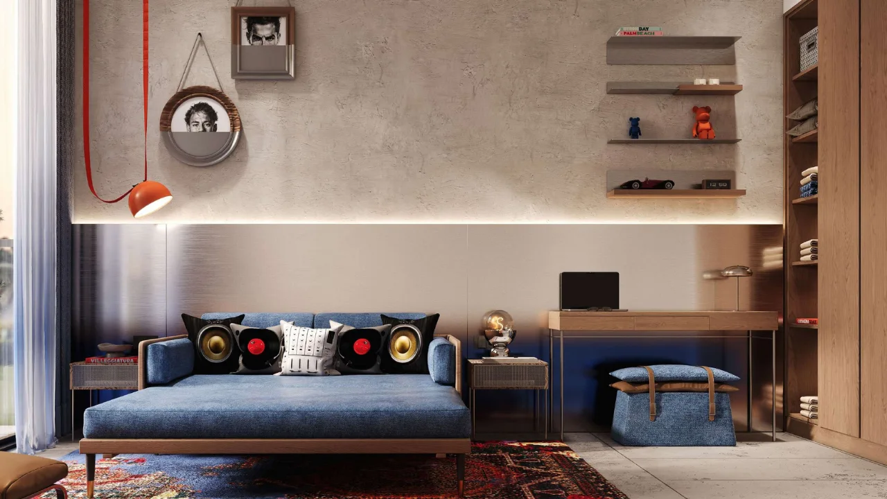 RAW District by Imtiaz in Downtown Jebel Ali bedroom with integrated study space, contemporary furnishings, and modern interior design in Dubai - Presented by Tohid Fetrat