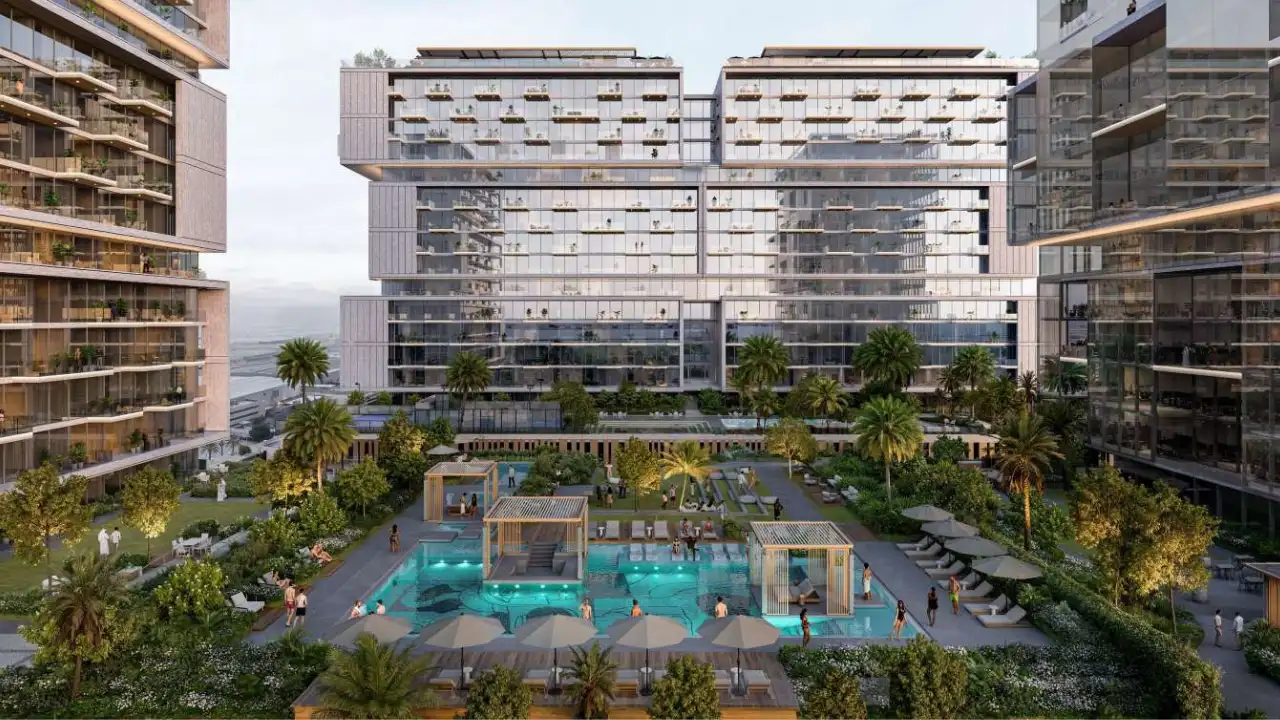 RAW District by Imtiaz in Downtown Jebel Ali central swimming pool amenities with landscaped gardens, luxury residences, and outdoor leisure spaces in Dubai - Presented by Tohid Fetrat