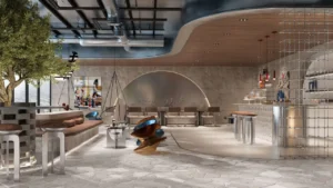 RAW District by Imtiaz in Downtown Jebel Ali contemporary clubhouse lounge with designer seating, café counter, and artistic interior design in Dubai - Presented by Tohid Fetrat