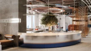 RAW District by Imtiaz in Downtown Jebel Ali coworking reception with contemporary workspace, designer reception desk, and collaborative interior design in Dubai - Presented by Tohid Fetrat