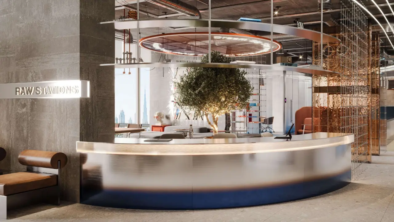 RAW District by Imtiaz in Downtown Jebel Ali coworking reception with contemporary workspace, designer reception desk, and collaborative interior design in Dubai - Presented by Tohid Fetrat