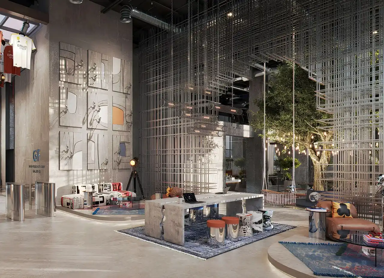 RAW District by Imtiaz creative residents lounge featuring designer workspace, artistic interiors, suspended architectural installation, and premium social spaces in Downtown Jebel Ali Dubai - Presented by Tohid Fetrat