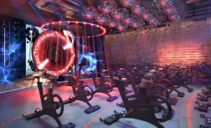 RAW District by Imtiaz indoor cycling fitness studio featuring immersive workout technology, premium exercise equipment, and wellness amenities in Downtown Jebel Ali Dubai - Presented by Tohid Fetrat