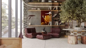 RAW District by Imtiaz in Downtown Jebel Ali library lounge interior with designer bookshelves, luxury seating, and contemporary interior styling in Dubai - Presented by Tohid Fetrat