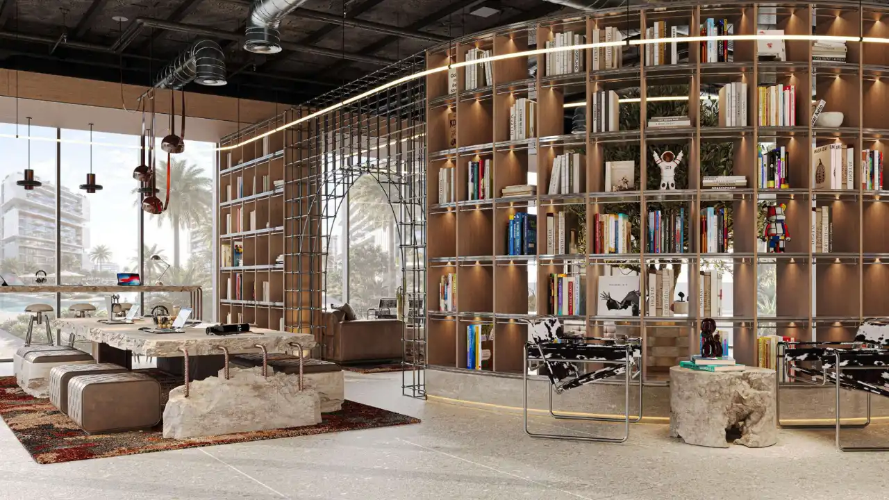 RAW District by Imtiaz in Downtown Jebel Ali library and coworking space with designer bookshelves, collaborative workstations, and contemporary interior design in Dubai - Presented by Tohid Fetrat