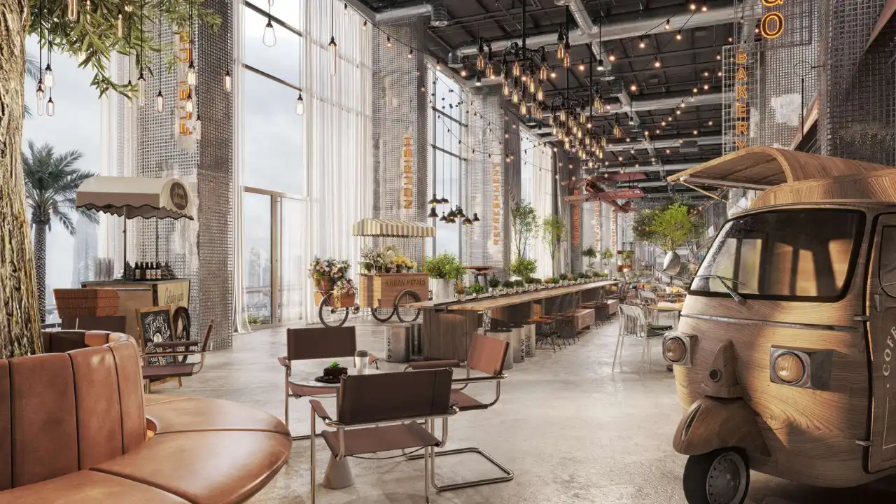 RAW District by Imtiaz in Downtown Jebel Ali indoor marketplace and social hub with café seating, artisan kiosks, and contemporary lifestyle spaces in Dubai - Presented by Tohid Fetrat