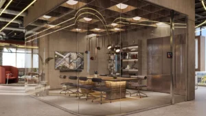 RAW District by Imtiaz in Downtown Jebel Ali glass meeting room with collaborative workspace, designer furnishings, and contemporary interior design in Dubai - Presented by Tohid Fetrat
