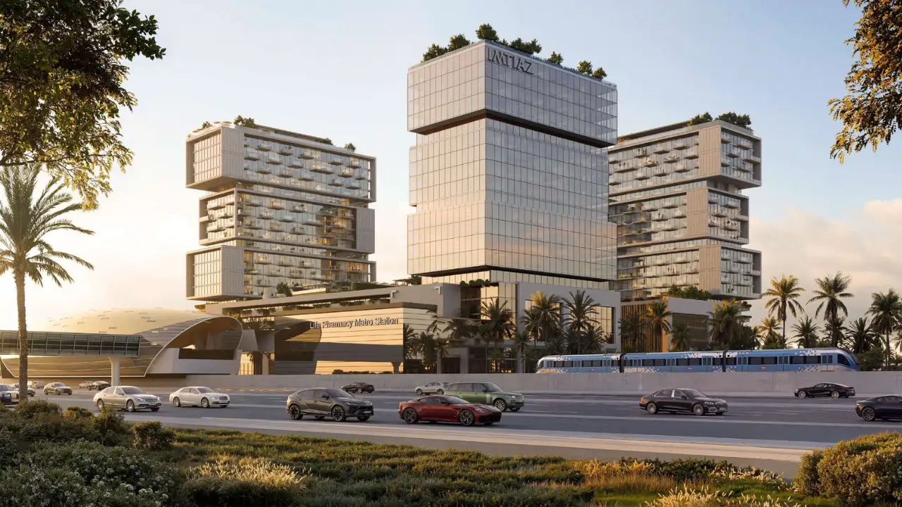 RAW District by Imtiaz in Downtown Jebel Ali mixed use development overlooking the metro station with residential towers, office building, and landscaped surroundings in Dubai - Presented by Tohid Fetrat