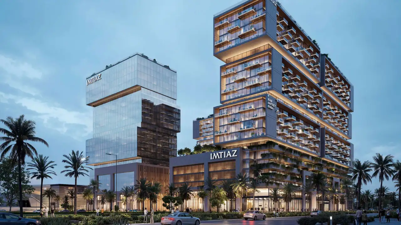 RAW District by Imtiaz in Downtown Jebel Ali mixed use exterior perspective featuring residential towers, office building, and retail podium in Dubai - Presented by Tohid Fetrat