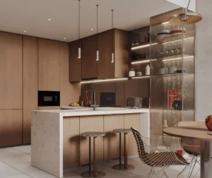 RAW District by Imtiaz modern apartment kitchen featuring premium cabinetry, stone island, integrated appliances, and contemporary interior design in Downtown Jebel Ali Dubai - Presented by Tohid Fetrat