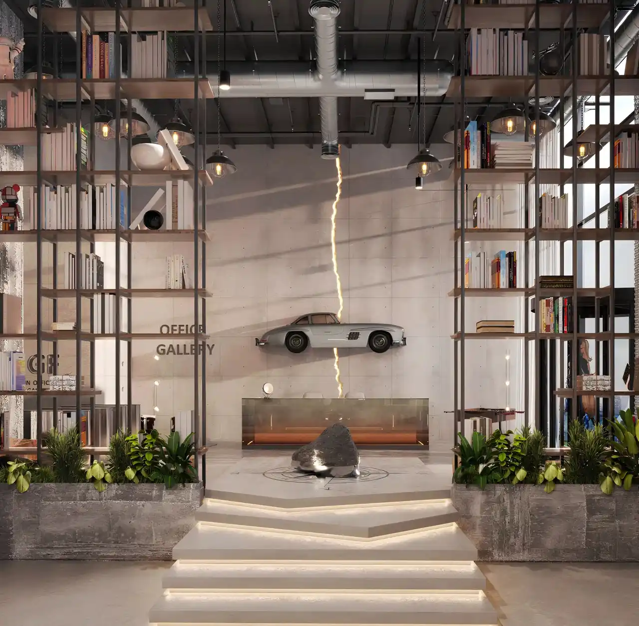 RAW District by Imtiaz office gallery lobby featuring designer bookshelves, contemporary reception, artistic installation, and premium workspace in Downtown Jebel Ali Dubai - Presented by Tohid Fetrat