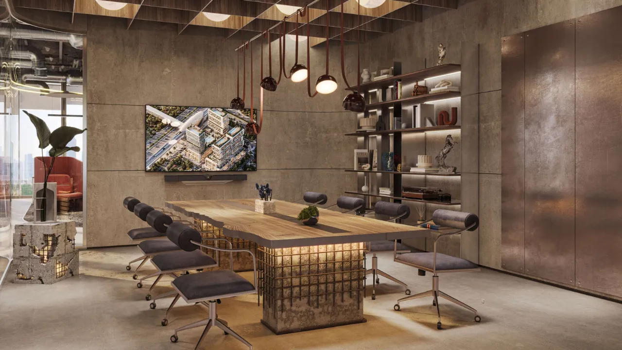 RAW District by Imtiaz private boardroom with contemporary meeting space, designer furnishings, and collaborative workspace in Downtown Jebel Ali Dubai - Presented by Tohid Fetrat