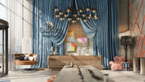 RAW District by Imtiaz in Downtown Jebel Ali residence lobby featuring artistic reception, blue draped interior design, and contemporary luxury ambiance in Dubai - Presented by Tohid Fetrat