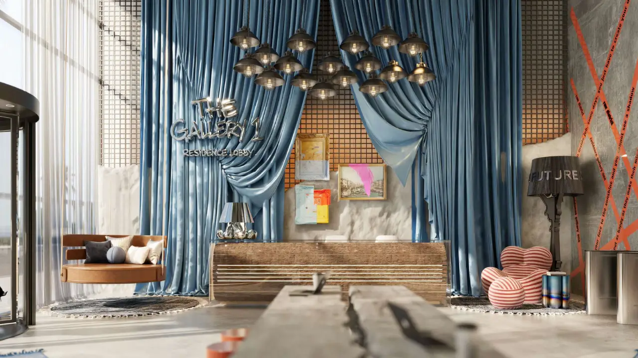 RAW District by Imtiaz in Downtown Jebel Ali residence lobby featuring artistic reception, blue draped interior design, and contemporary luxury ambiance in Dubai - Presented by Tohid Fetrat