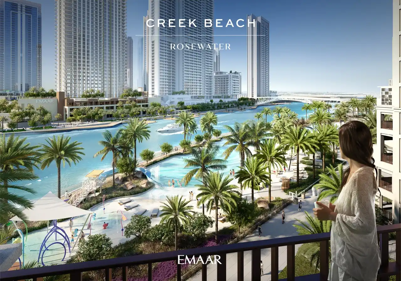 Rosewater at Dubai Creek Harbour by Emaar Properties balcony view overlooking the lagoon, landscaped waterfront, and modern residential towers in Dubai Presented by Tohid Fetrat