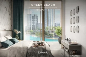 Rosewater at Dubai Creek Harbour by Emaar Properties contemporary bedroom with floor to ceiling windows overlooking the lagoon and landscaped community in Dubai Presented by Tohid Fetrat