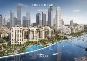 Rosewater at Dubai Creek Harbour by Emaar Properties aerial view of waterfront apartment buildings beside the lagoon and Dubai skyline in Dubai Presented by Tohid Fetrat