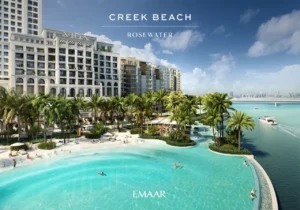 Rosewater at Dubai Creek Harbour by Emaar Properties lagoon style swimming pool with waterfront residences and palm lined leisure spaces in Dubai Presented by Tohid Fetrat