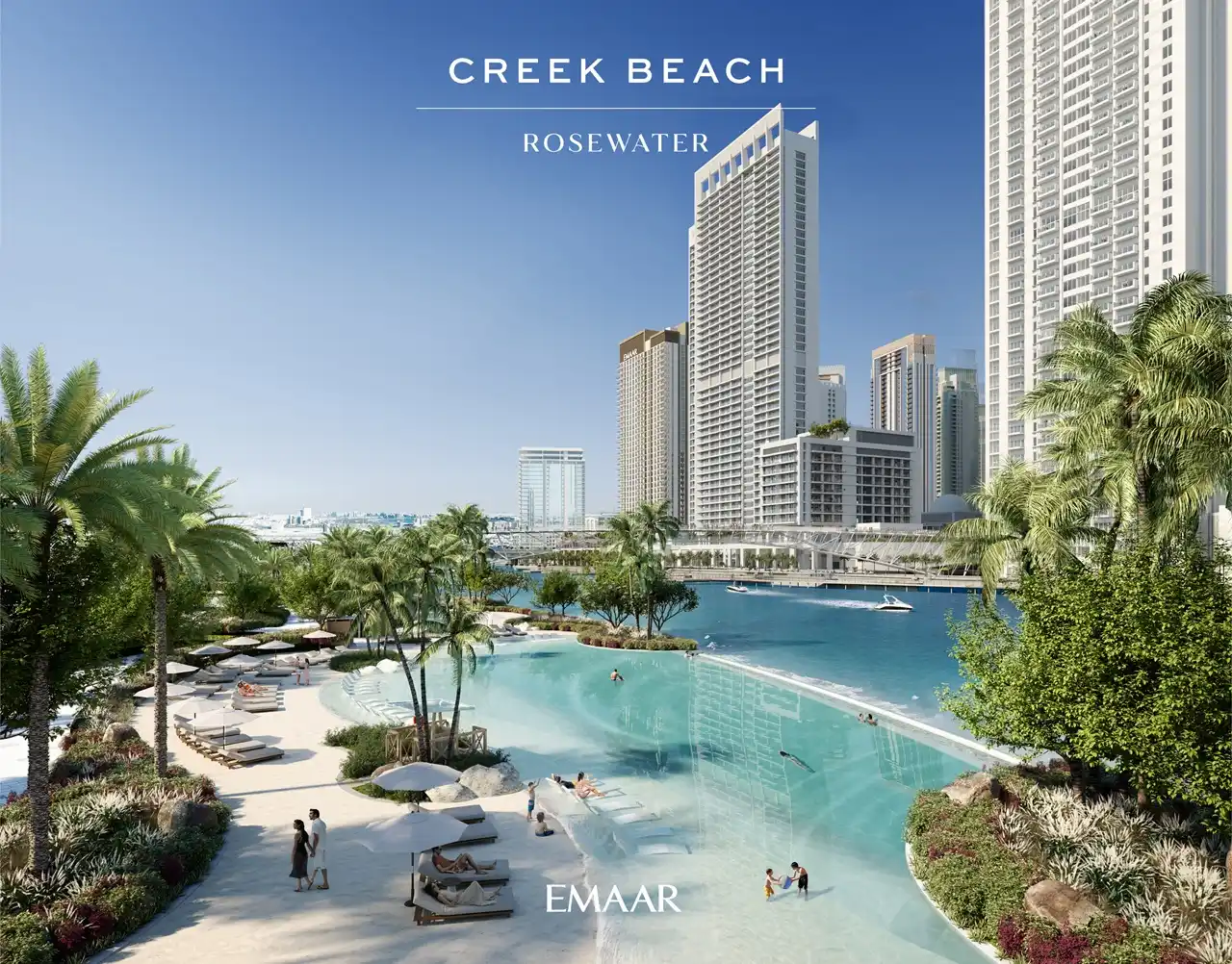 Rosewater at Dubai Creek Harbour by Emaar Properties lagoon waterfront with resort style swimming pool, landscaped leisure areas, and modern residential towers in Dubai Presented by Tohid Fetrat
