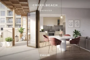 Rosewater at Dubai Creek Harbour by Emaar Properties open plan living and dining area with modern kitchen and spacious balcony in Dubai Presented by Tohid Fetrat