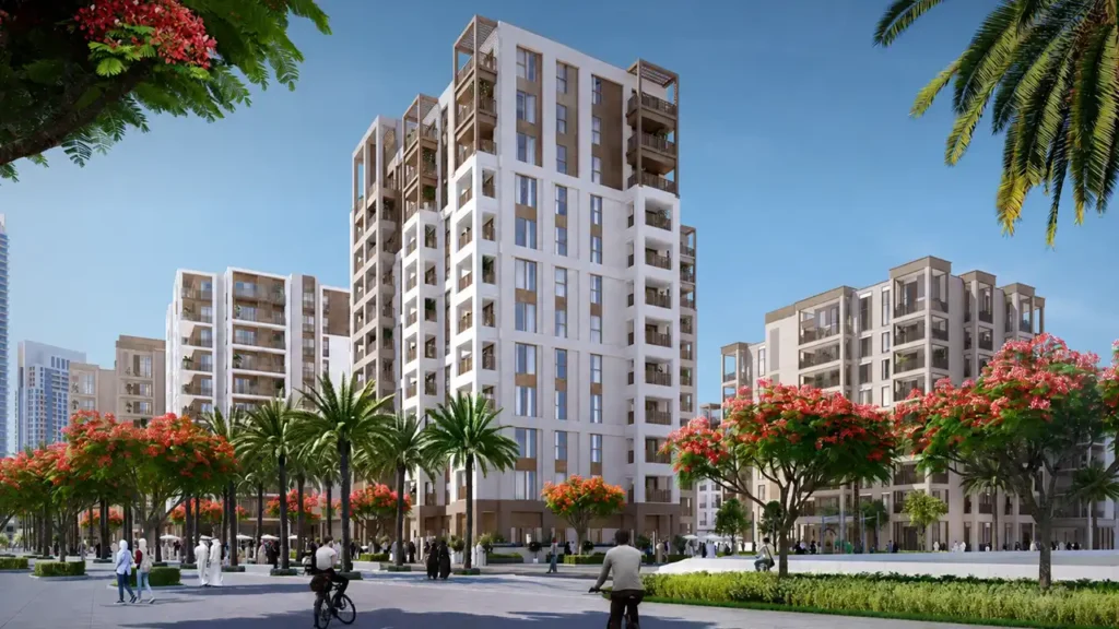 Rosewater at Dubai Creek Harbour by Emaar Properties contemporary residential apartment building surrounded by landscaped boulevards and flowering trees in Dubai Presented by Tohid Fetrat