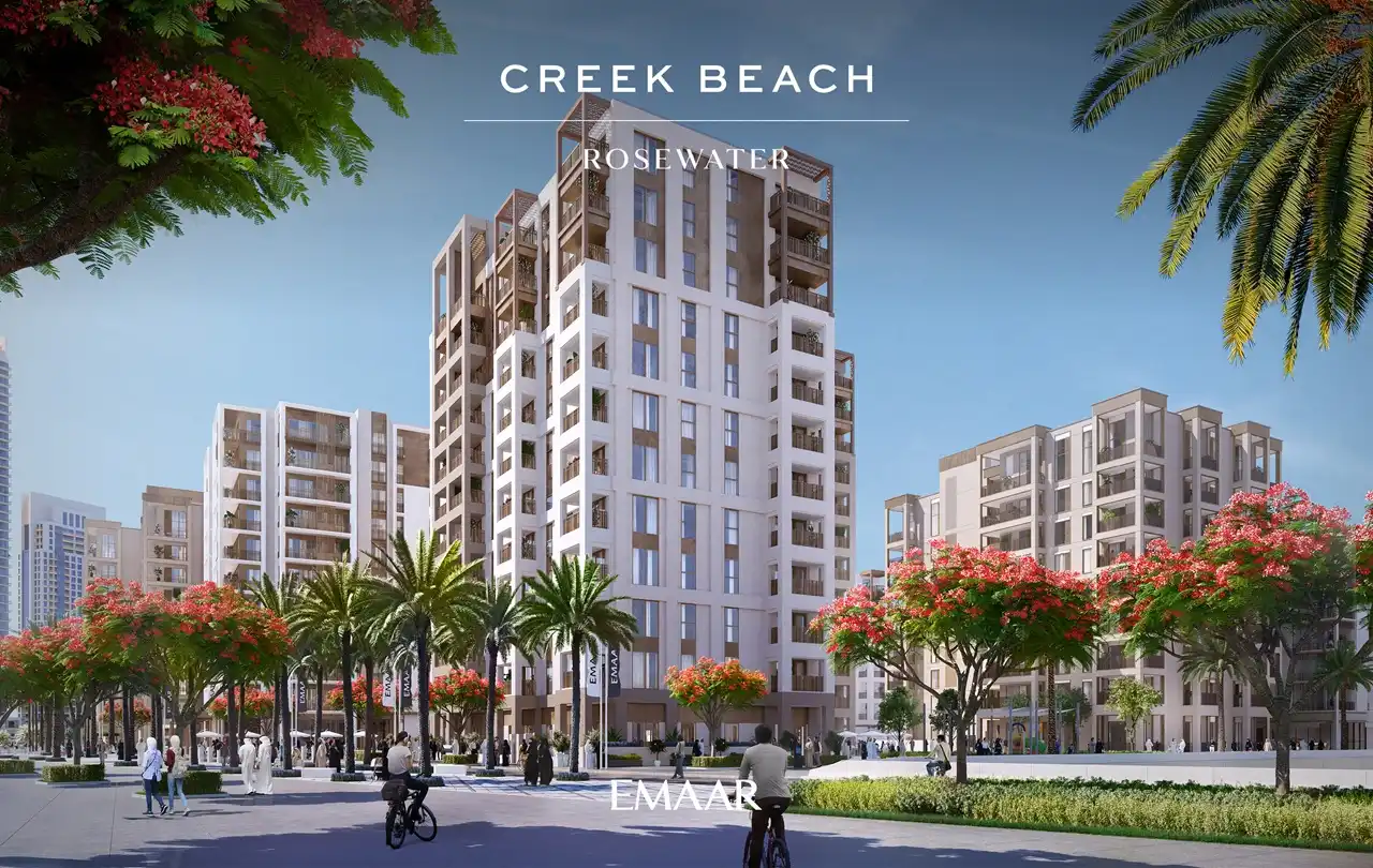 Rosewater at Dubai Creek Harbour by Emaar Properties contemporary apartment buildings with landscaped boulevard and palm trees in Dubai Presented by Tohid Fetrat