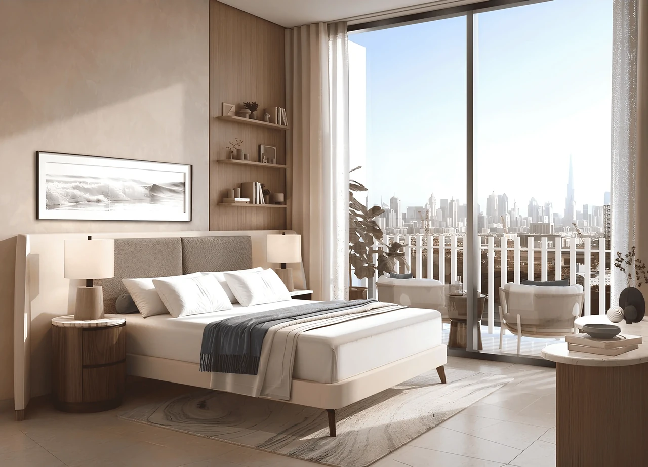 Saria by Beyond in Dubai Maritime City bedroom with upholstered headboard timber shelving and a private balcony framing the city skyline in Dubai - Presented by Tohid Fetrat
