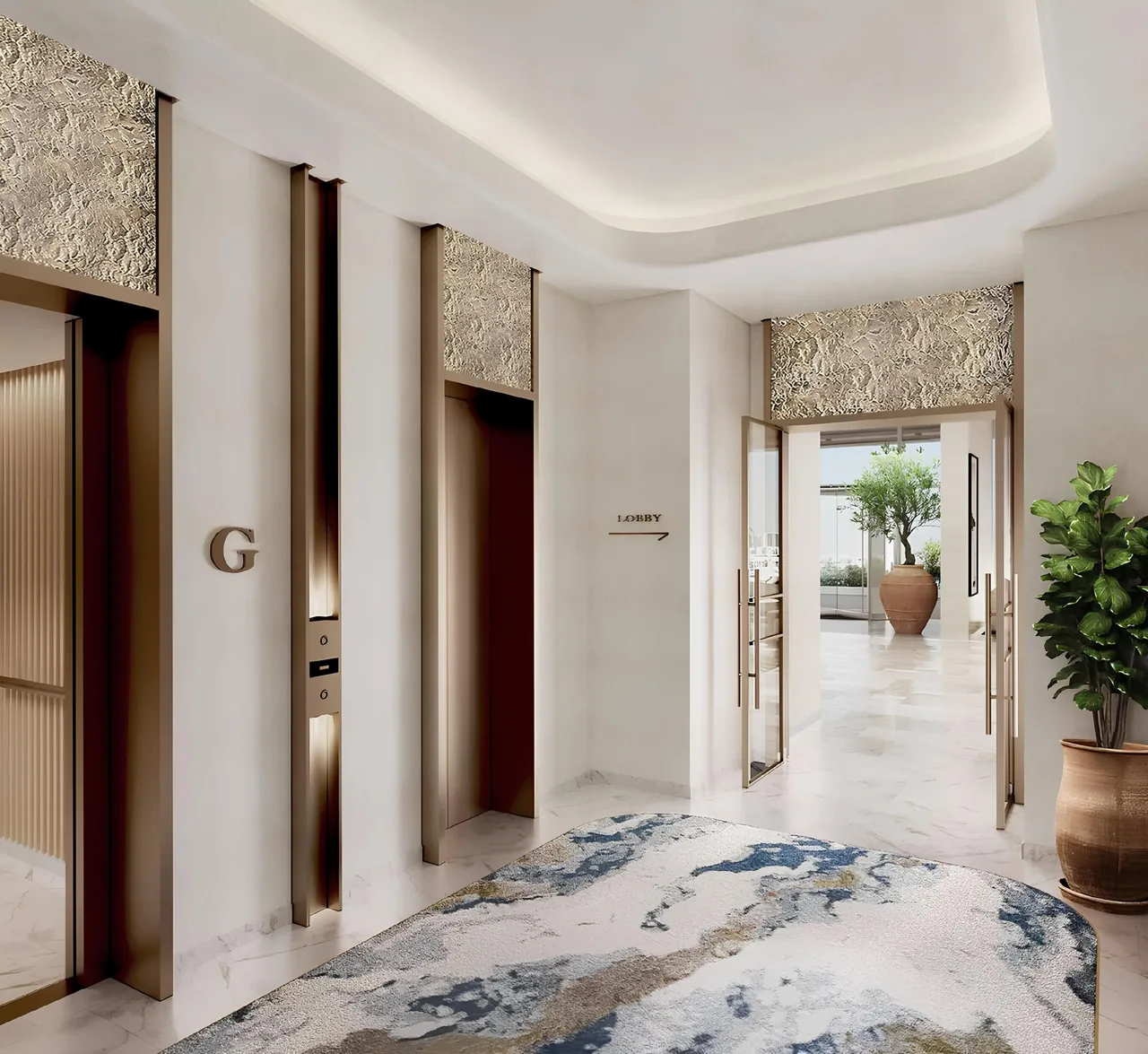 Saria by Beyond in Dubai Maritime City residential elevator lobby with brass clad doors textured wall panels marble flooring and a patterned rug in Dubai - Presented by Tohid Fetrat