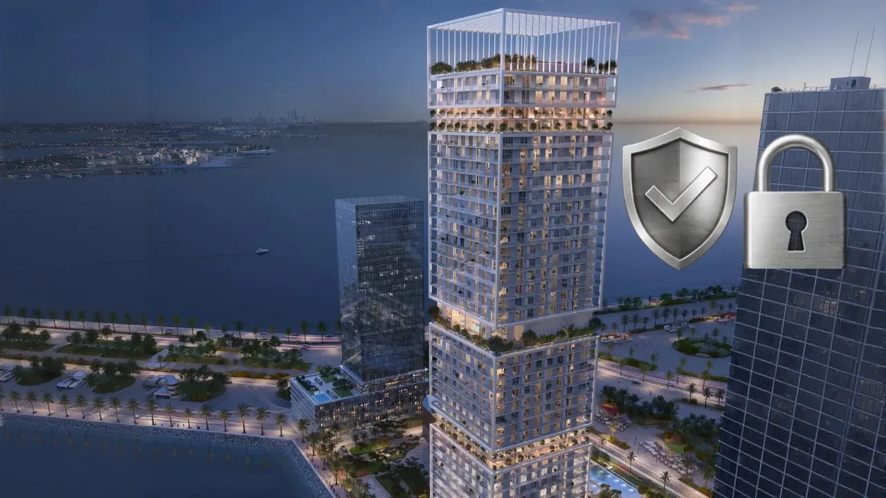 Saria by Beyond in Dubai Maritime City escrow account protection concept for buyer payments with waterfront tower shield and padlock symbols in Dubai Presented by Tohid Fetrat
