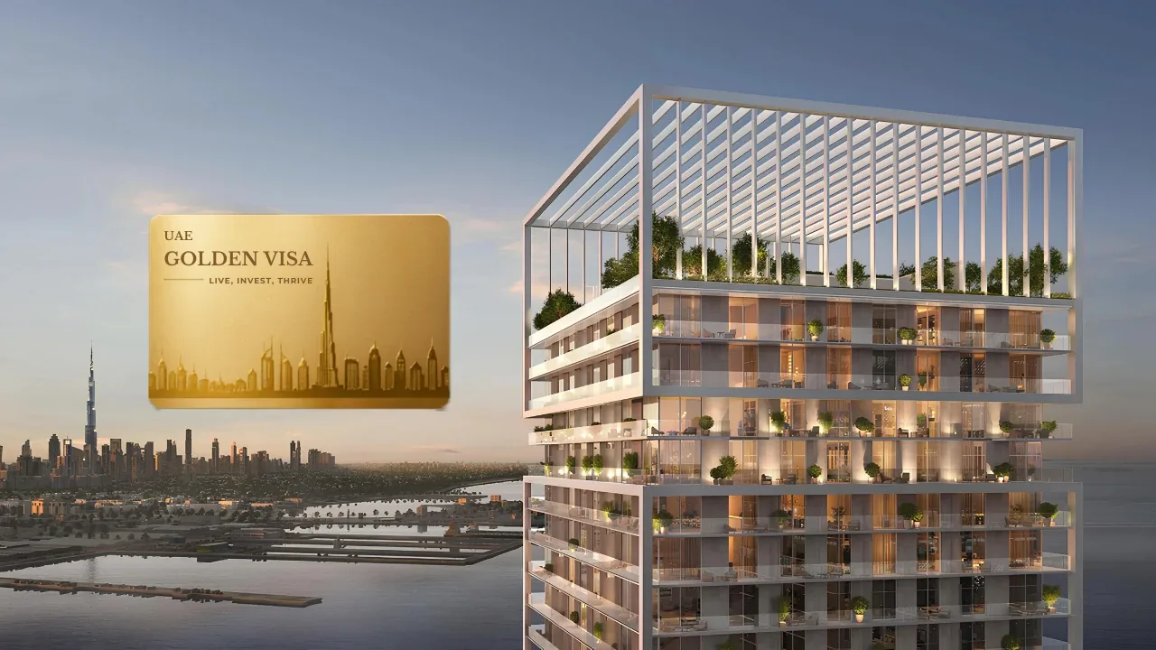 Saria by Beyond in Dubai Maritime City Golden Visa eligibility concept with waterfront residential tower and Golden Visa card in Dubai Presented by Tohid Fetrat