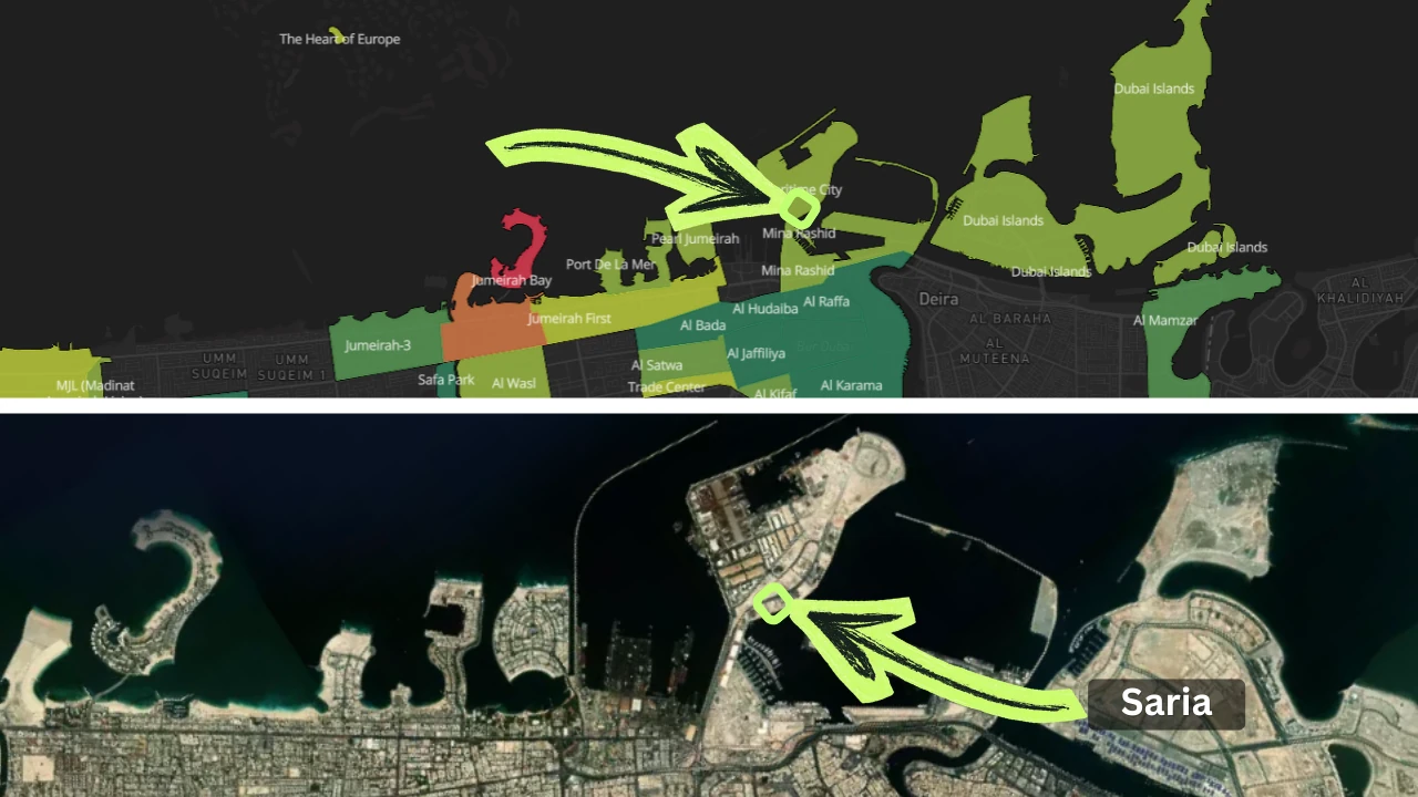 Saria by Beyond in Dubai Maritime City location map showing the tower position on the maritime peninsula with surrounding coastal districts and the Gulf shoreline in Dubai - Presented by Tohid Fetrat