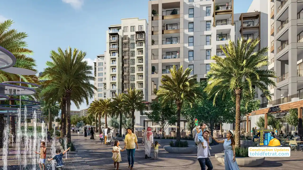 Savanna at Dubai Creek Harbour by Emaar Properties streetscape view for the November 2025 Construction Update showing the residential podium and landscaped promenade in Dubai Presented by Tohid Fetrat