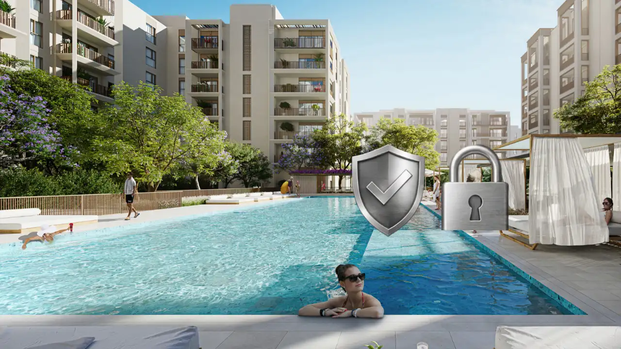 Savanna at Dubai Creek Harbour by Emaar Properties swimming pool with Escrow Account security illustration featuring a shield and padlock in Dubai Presented by Tohid Fetrat