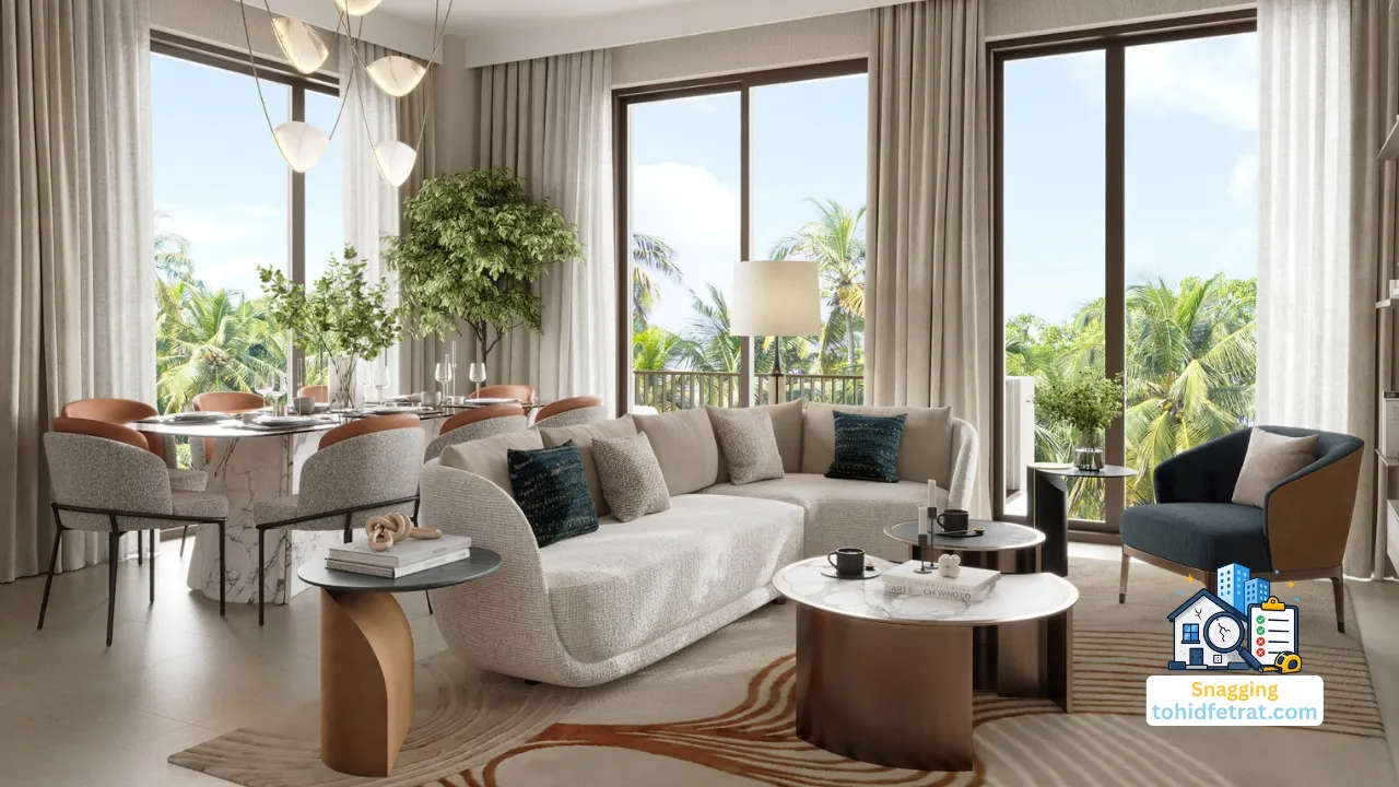 Luxury living room interior at Savanna at Dubai Creek Harbour by Emaar featured for Why an Independent Inspection Protects Savanna Buyers. Presented by Tohid Fetrat