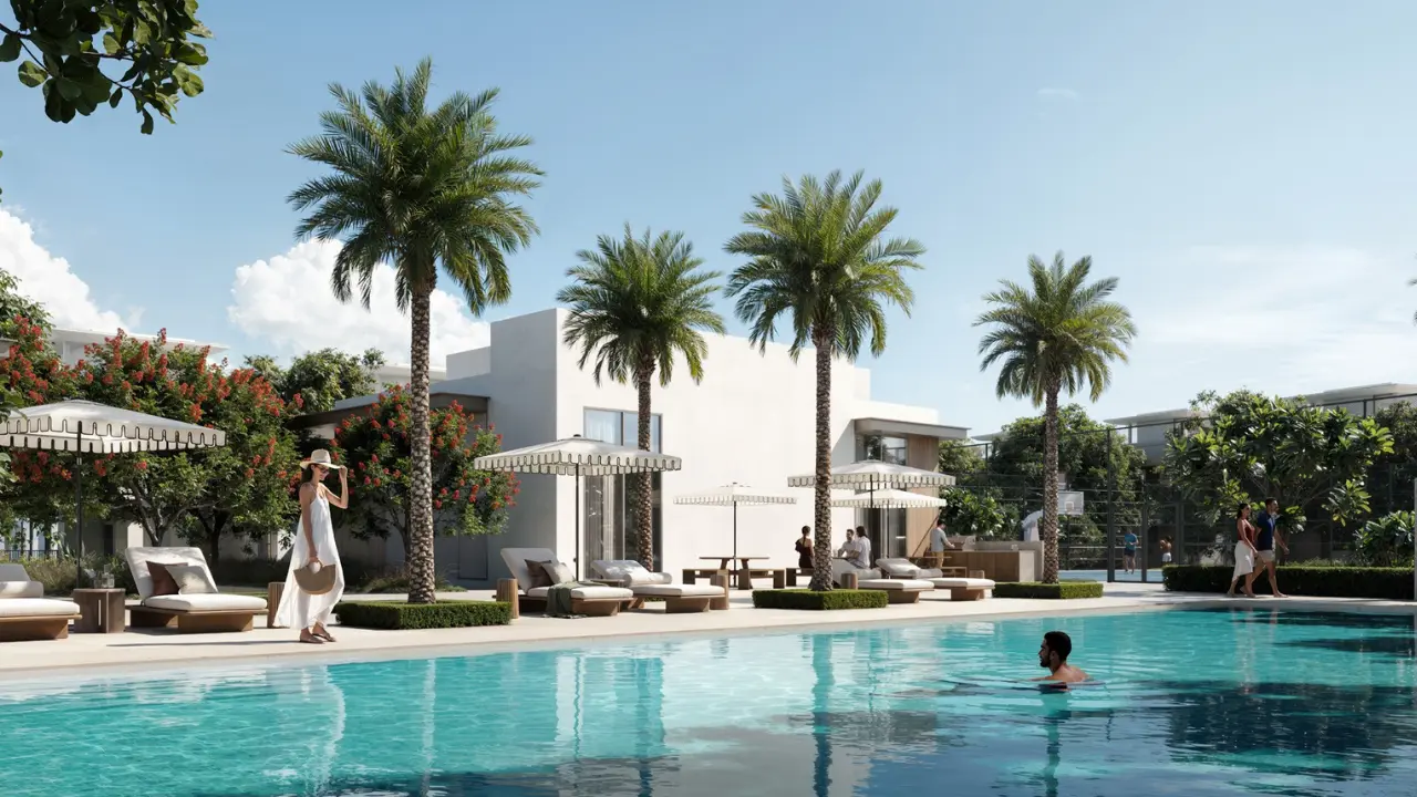 Selvara 3 at Grand Polo Club & Resort by Emaar Properties luxury community swimming pool with sun loungers and landscaped surroundings in Dubai Presented by Tohid Fetrat