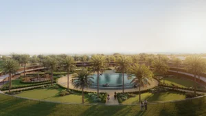 Selvara 3 at Grand Polo Club & Resort by Emaar Properties panoramic view of the equestrian stables surrounded by landscaped gardens and palm trees in Dubai Presented by Tohid Fetrat