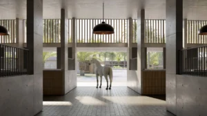 Selvara 3 at Grand Polo Club & Resort by Emaar Properties equestrian stable interior with contemporary architecture and a white horse in Dubai Presented by Tohid Fetrat