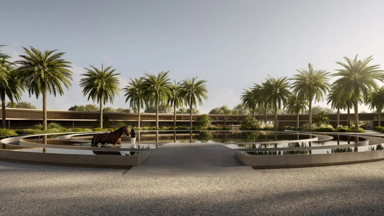 Selvara 3 at Grand Polo Club & Resort by Emaar Properties equestrian water feature surrounded by palm trees and landscaped gardens in Dubai Presented by Tohid Fetrat