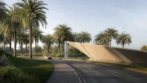 Selvara 3 at Grand Polo Club & Resort by Emaar Properties grand entrance with architectural waterfall feature and palm lined boulevard in Dubai Presented by Tohid Fetrat