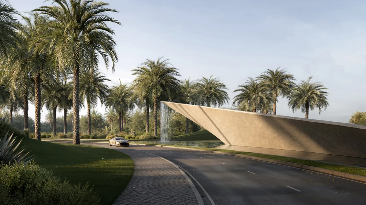 Selvara 3 at Grand Polo Club & Resort by Emaar Properties grand entrance with architectural waterfall feature and palm lined boulevard in Dubai Presented by Tohid Fetrat