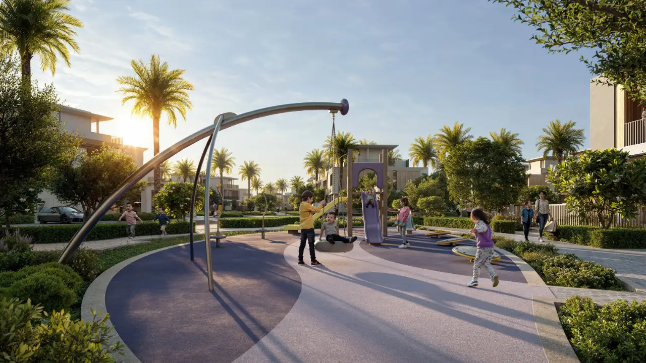 Selvara 3 at Grand Polo Club & Resort by Emaar Properties outdoor children's playground surrounded by landscaped gardens and luxury villas in Dubai Presented by Tohid Fetrat