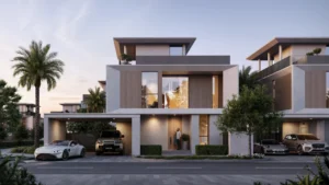 Selvara 3 at Grand Polo Club & Resort by Emaar Properties contemporary luxury villa front elevation with landscaped surroundings and private parking in Dubai Presented by Tohid Fetrat